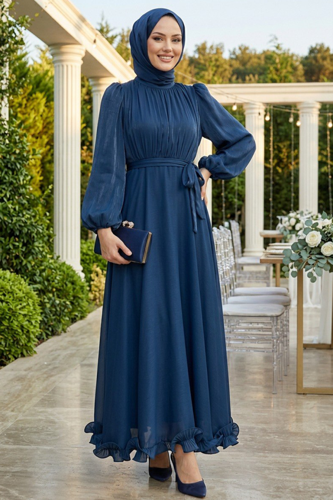 Tesettürlü Abiye Elbise - Balon Kol Lacivert Tesettür Abiye Elbise 6278L - 1