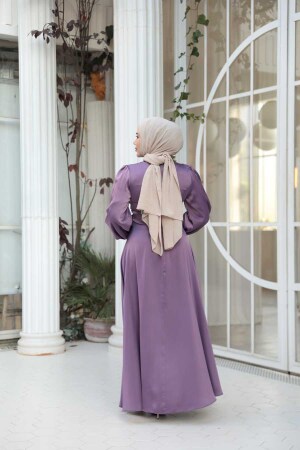 Tesettürlü Abiye Elbise - Balon Kol Lila Saten Tesettür Abiye Elbise 61501LILA - 5