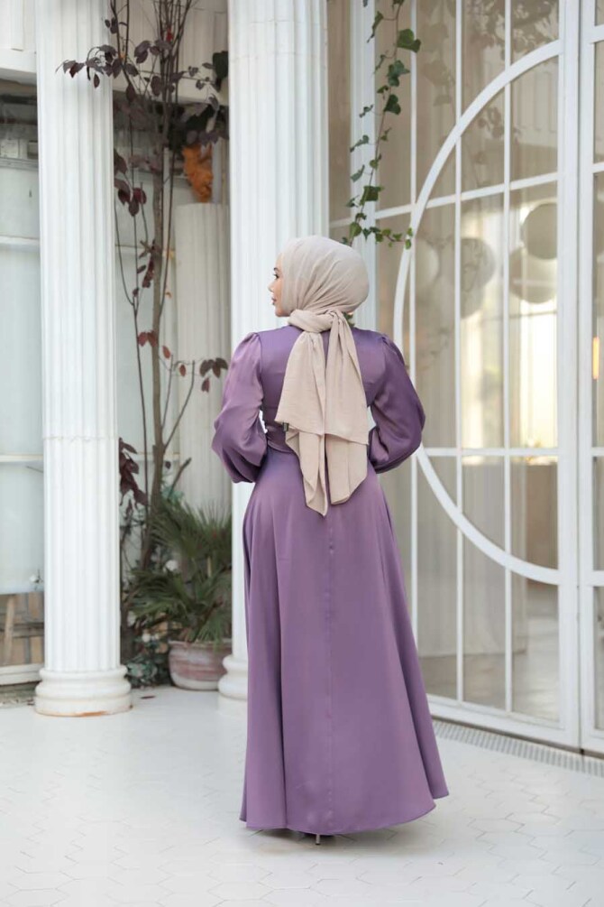 Tesettürlü Abiye Elbise - Balon Kol Lila Saten Tesettür Abiye Elbise 61501LILA - 5
