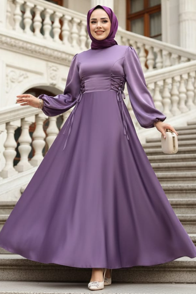Tesettürlü Abiye Elbise - Balon Kol Lila Saten Tesettür Abiye Elbise 61501LILA - 1
