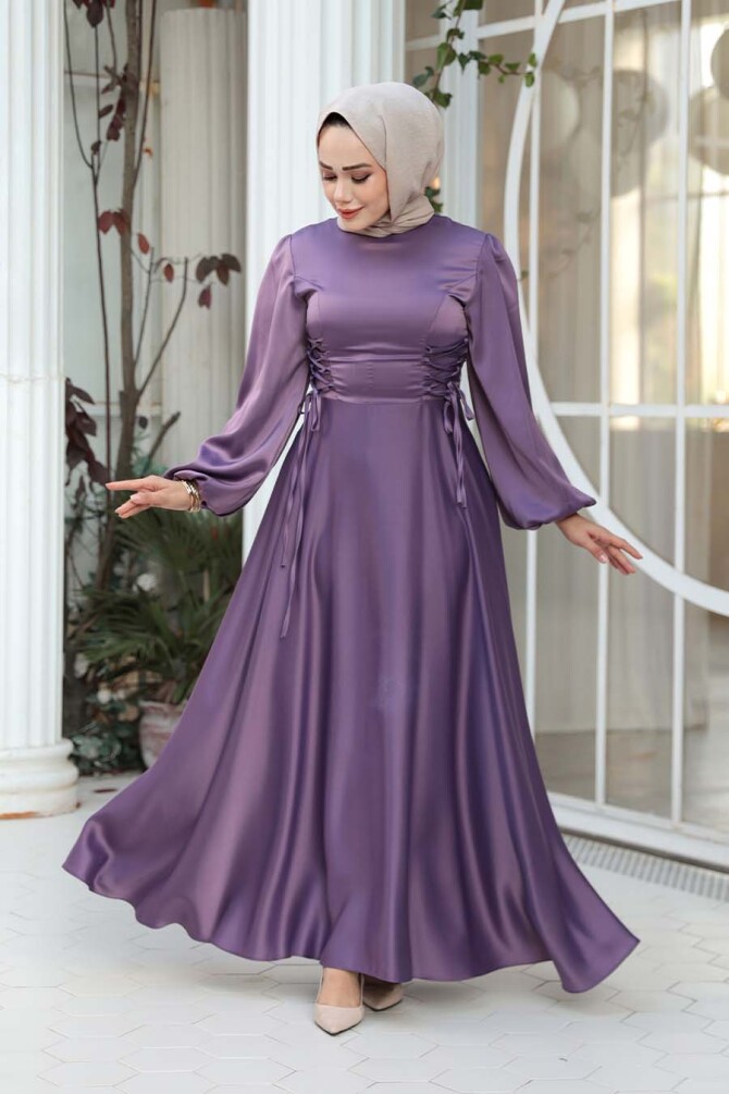 Tesettürlü Abiye Elbise - Balon Kol Lila Saten Tesettür Abiye Elbise 61501LILA - N.S NEVA STYLE
