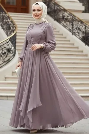 Tesettürlü Abiye Elbise - Balon Kol Lila Tesettür Abiye Elbise 21910LILA - 1