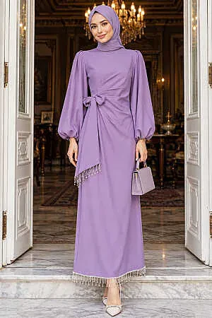 Balloon-Sleeve Lilac Modest Evening Dress 62251LILA 