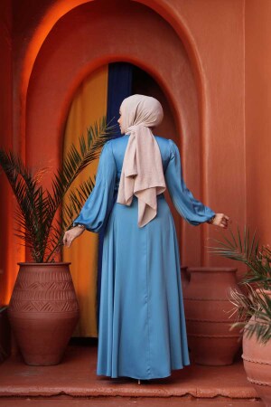 Tesettürlü Abiye Elbise - Balon Kol Mavi Saten Tesettür Abiye Elbise 61501M - 4