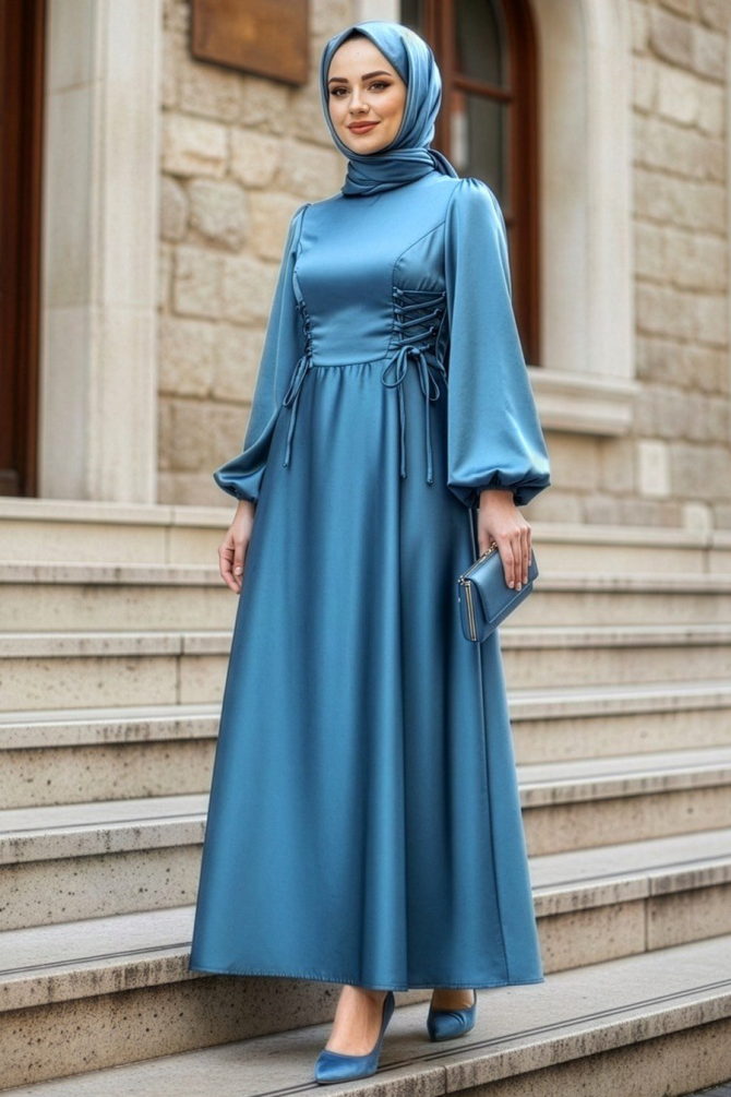 Tesettürlü Abiye Elbise - Balon Kol Mavi Saten Tesettür Abiye Elbise 61501M - 1