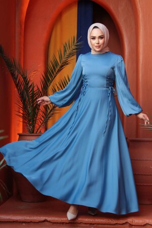Tesettürlü Abiye Elbise - Balon Kol Mavi Saten Tesettür Abiye Elbise 61501M 