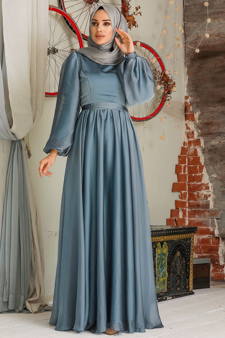 Tesettürlü Abiye Elbise - Balon Kol Mavi Tesettür Abiye Elbise 5215M