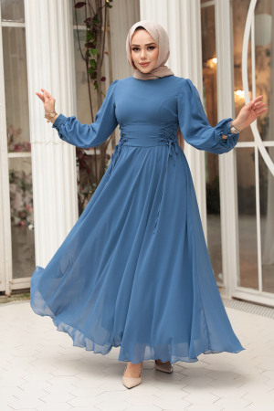 Tesettürlü Abiye Elbise - Balon Kol Mavi Tesettür Abiye Elbise 62381M - 2