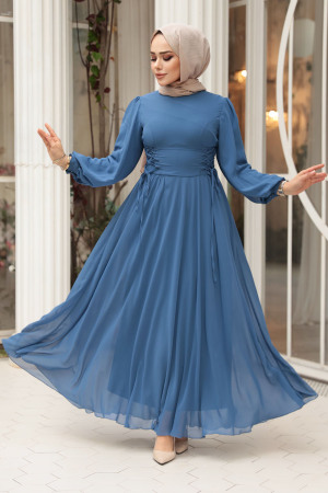 Tesettürlü Abiye Elbise - Balon Kol Mavi Tesettür Abiye Elbise 62381M - 1