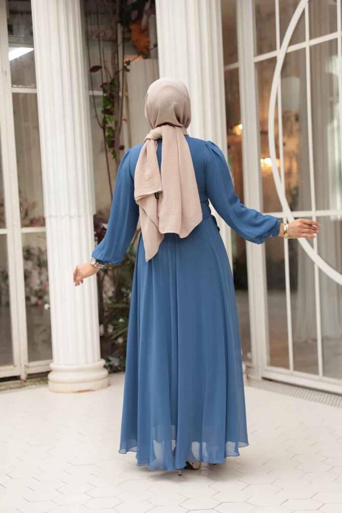 Tesettürlü Abiye Elbise - Balon Kol Mavi Tesettür Abiye Elbise 62381M - 3