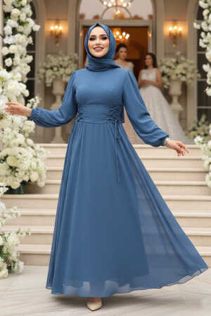 Tesettürlü Abiye Elbise - Balon Kol Mavi Tesettür Abiye Elbise 62381M - N.S NEVA STYLE