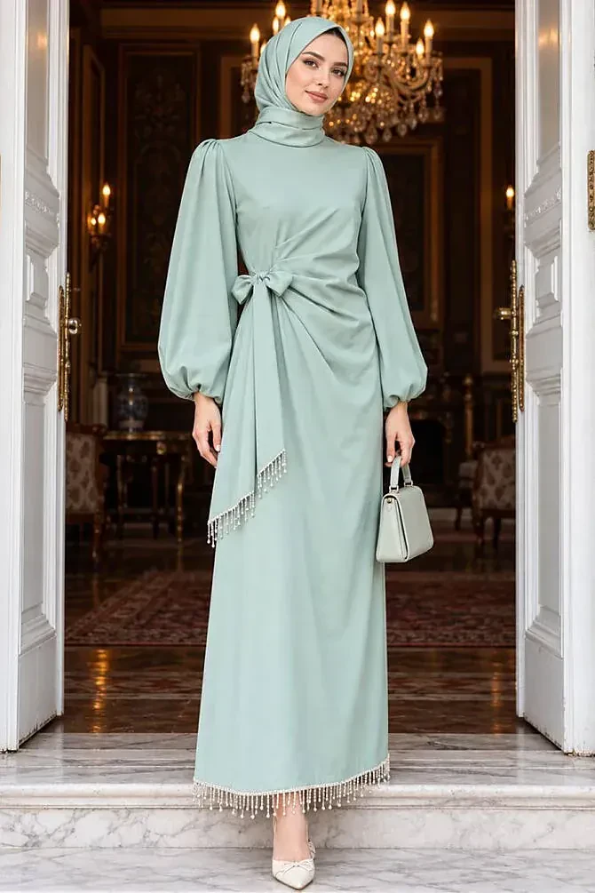 Balloon-Sleeve Mint Modest Evening Dress 62251MINT - 1