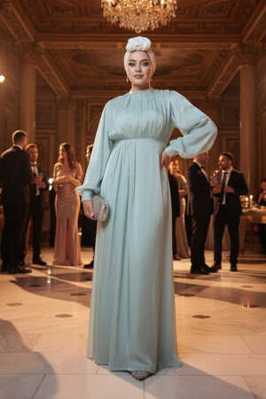 Tesettürlü Abiye Elbise - Balon Kol Mint Tesettür Abiye Elbise 62312MINT 