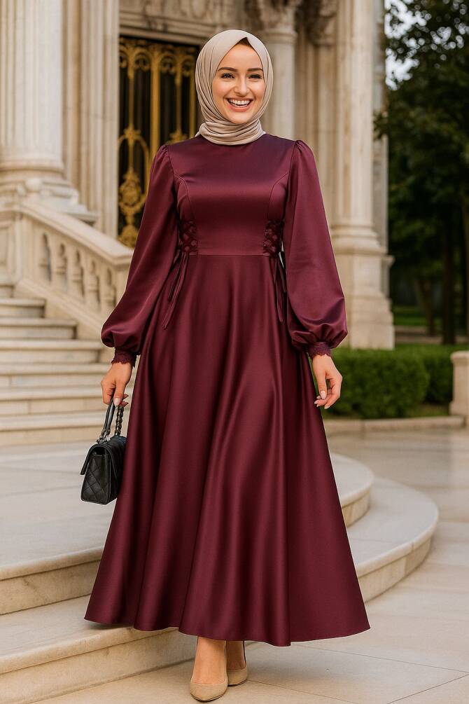 Tesettürlü Abiye Elbise - Balon Kol Mürdüm Saten Tesettür Abiye Elbise 61501MU - 1