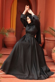 Tesettürlü Abiye Elbise - Balon Kol Siyah Tesettür Abiye Elbise 45581S - Thumbnail