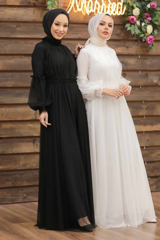 Tesettürlü Abiye Elbise - Balon Kol Siyah Tesettür Abiye Elbise 5474S - 3
