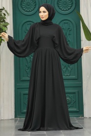 Tesettürlü Abiye Elbise - Balon Kol Siyah Tesettür Abiye Elbise 60681S - Thumbnail