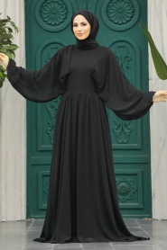 Tesettürlü Abiye Elbise - Balon Kol Siyah Tesettür Abiye Elbise 60681S - Thumbnail