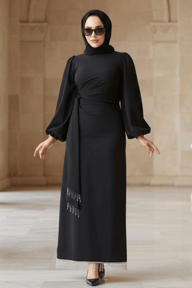 Tesettürlü Abiye Elbise - Balon Kol Siyah Tesettür Abiye Elbise 62251S - N.S NEVA STYLE