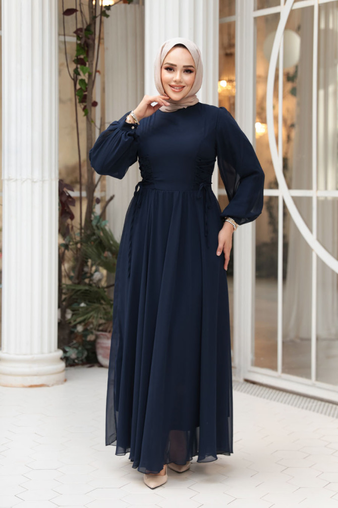 Tesettürlü Abiye Elbise - Balon Kol Lacivert Tesettür Abiye Elbise 62381L - 2
