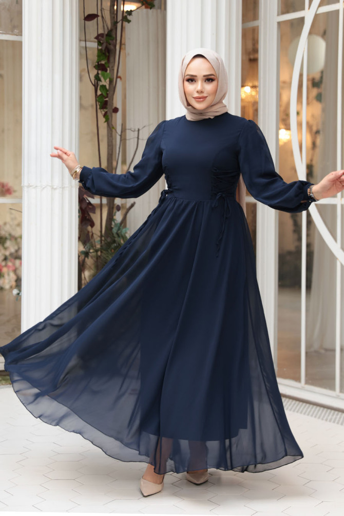Tesettürlü Abiye Elbise - Balon Kol Lacivert Tesettür Abiye Elbise 62381L - 1