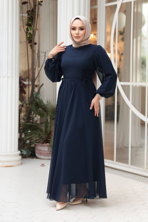 Tesettürlü Abiye Elbise - Balon Kol Lacivert Tesettür Abiye Elbise 62381L - 3