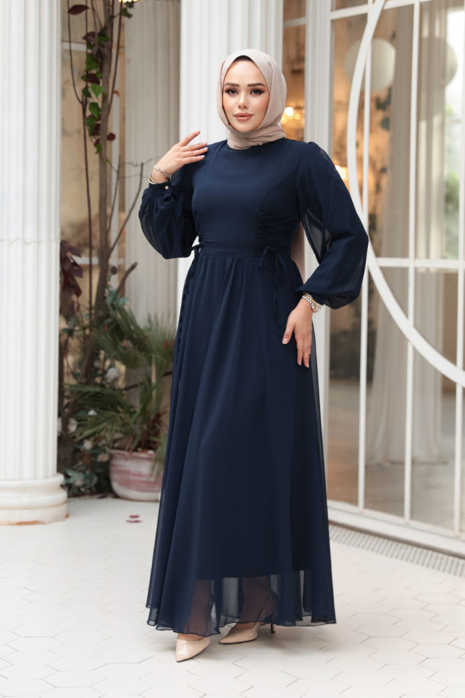 Tesettürlü Abiye Elbise - Balon Kol Lacivert Tesettür Abiye Elbise 62381L - 3