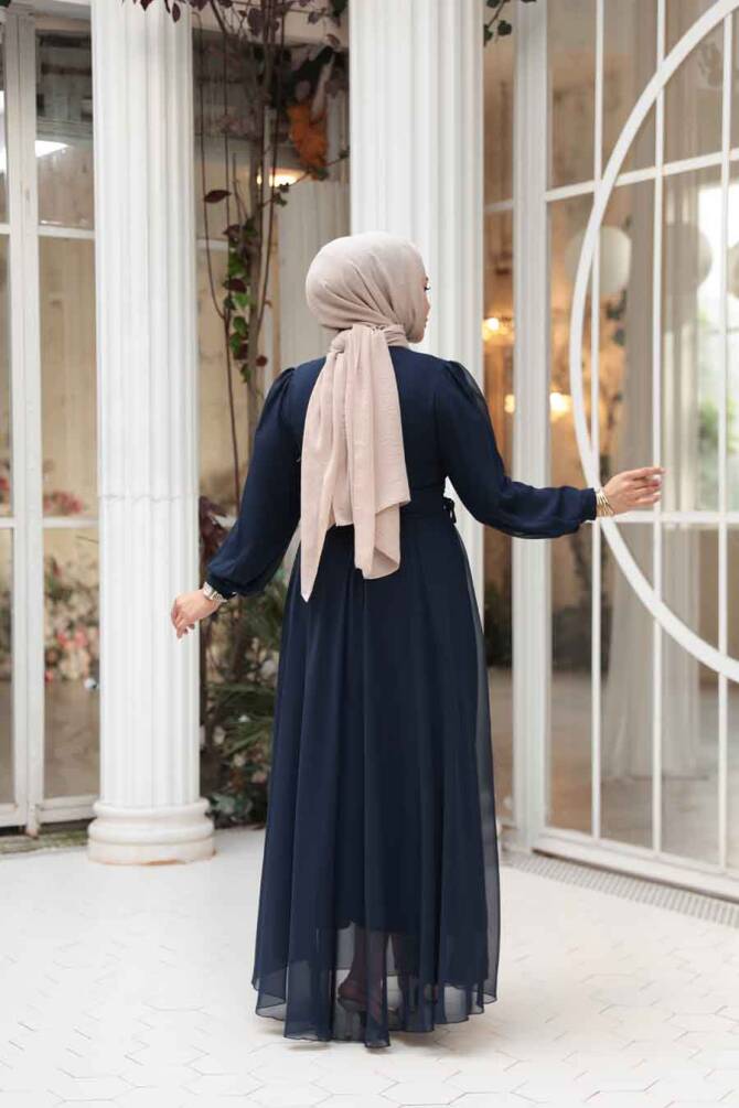 Tesettürlü Abiye Elbise - Balon Kol Lacivert Tesettür Abiye Elbise 62381L - 4