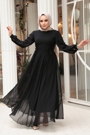 Tesettürlü Abiye Elbise - Balon Kol Siyah Tesettür Abiye Elbise 62381S - 2