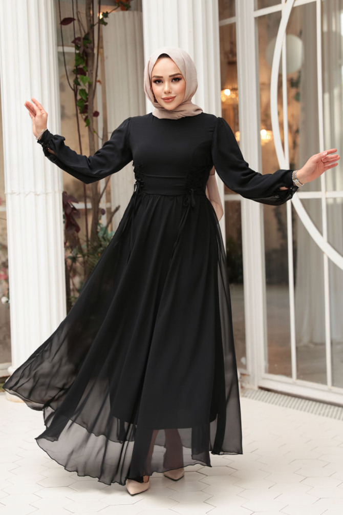 Tesettürlü Abiye Elbise - Balon Kol Siyah Tesettür Abiye Elbise 62381S - 2