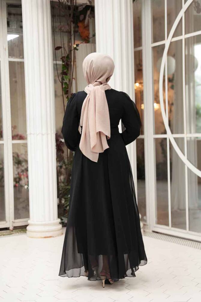 Tesettürlü Abiye Elbise - Balon Kol Siyah Tesettür Abiye Elbise 62381S - 3