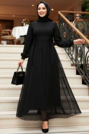 Tesettürlü Abiye Elbise - Balon Kol Siyah Tesettür Abiye Elbise 62381S 