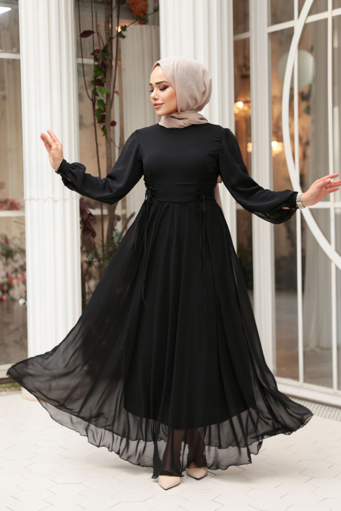 Tesettürlü Abiye Elbise - Balon Kol Siyah Tesettür Abiye Elbise 62381S - N.S NEVA STYLE