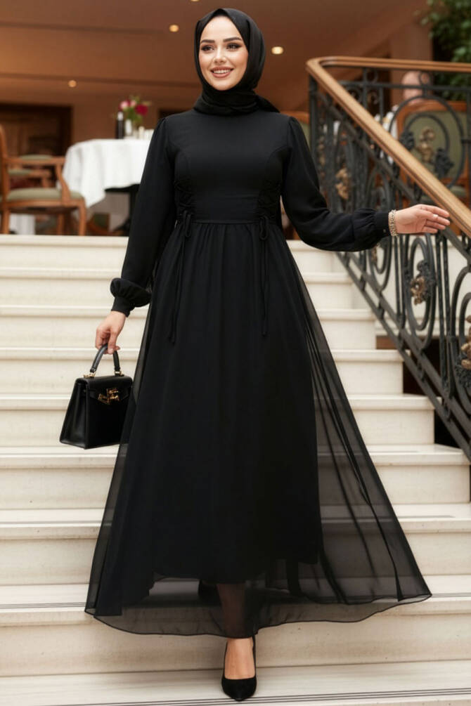 Tesettürlü Abiye Elbise - Balon Kol Siyah Tesettür Abiye Elbise 62381S - N.S NEVA STYLE