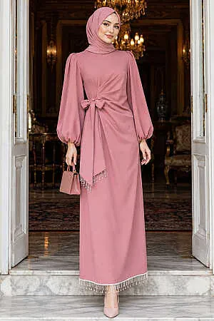 Balloon-Sleeve Salmon Modest Evening Dress 62251SMN 