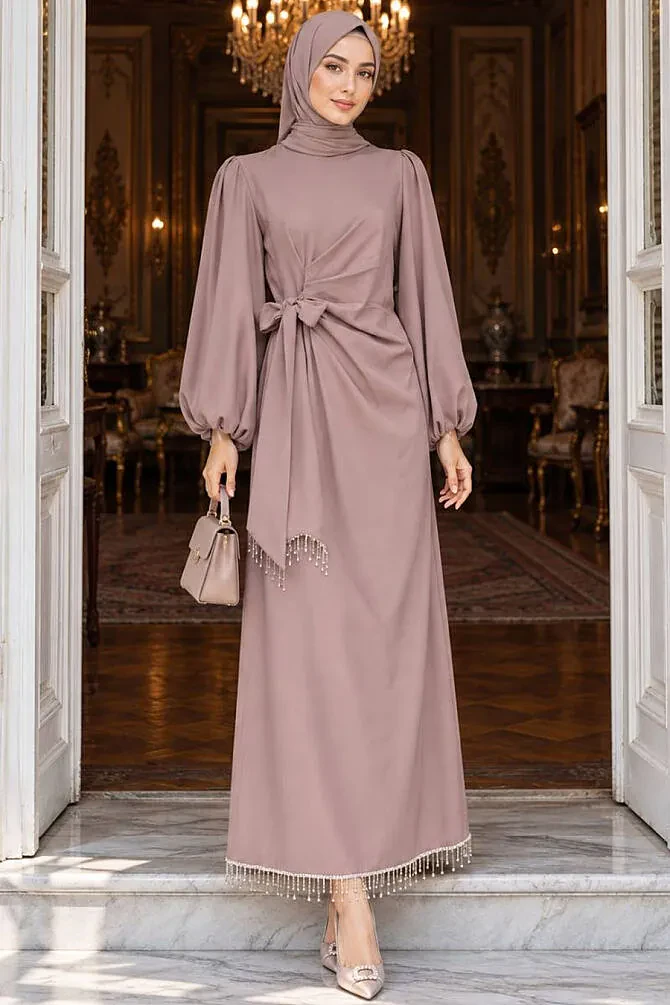 Balloon-Sleeve Mink Modest Evening Dress 62251V - 1