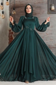 Tesettürlü Abiye Elbise - Balon Kol Yeşil Tesettür Abiye Elbise 21910Y - Thumbnail