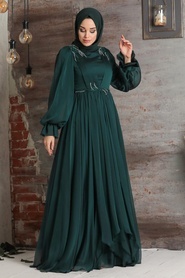 Tesettürlü Abiye Elbise - Balon Kol Yeşil Tesettür Abiye Elbise 21910Y - Thumbnail