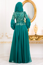 Tesettürlü Abiye Elbise - Balon Kol Yeşil Tesettür Abiye Elbise 3731Y - Thumbnail