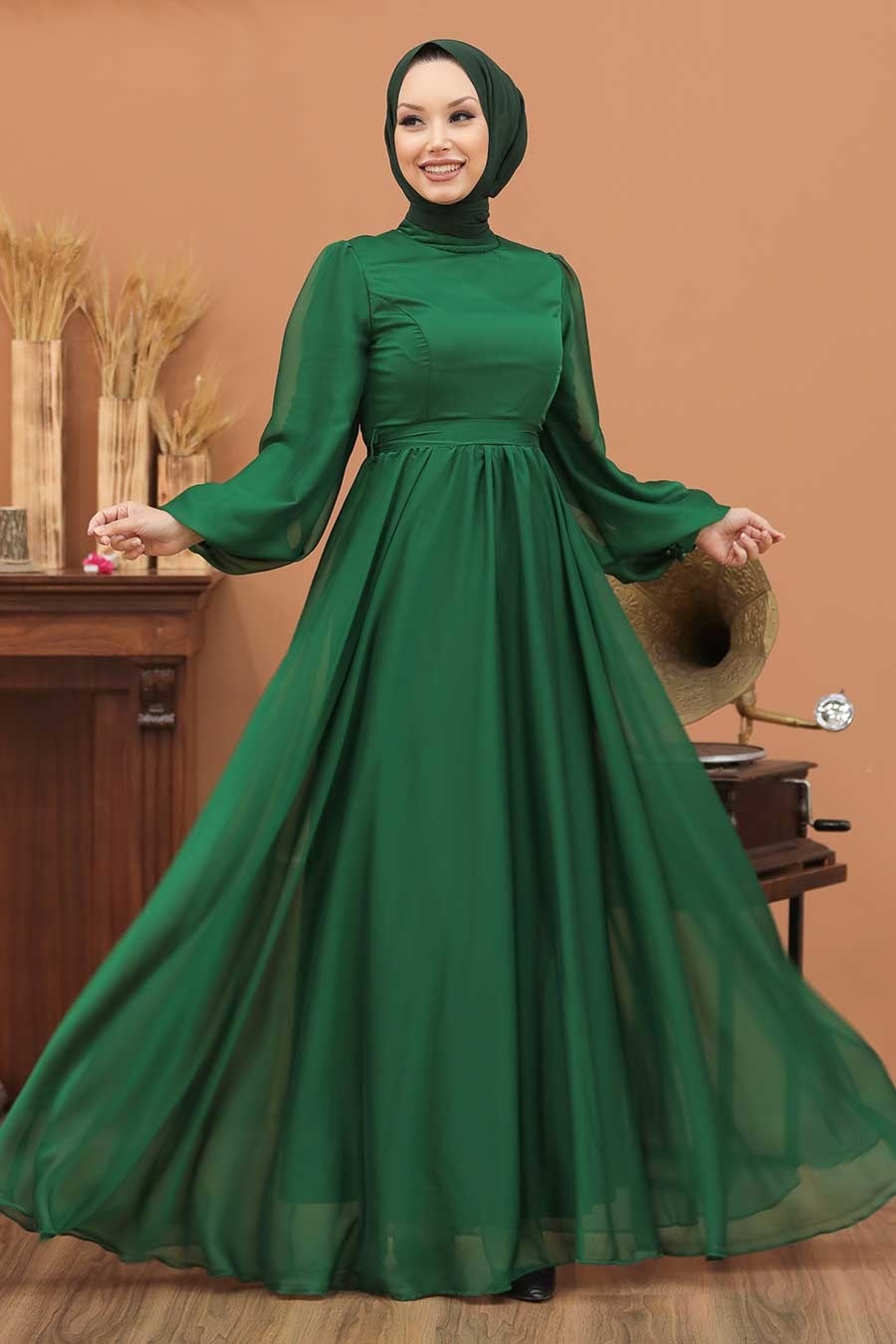 Tesettürlü Abiye Elbise - Balon Kol Yeşil Tesettür Abiye Elbise 5215Y