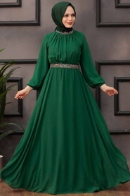 Tesettürlü Abiye Elbise - Balon Kol Yeşil Tesettür Abiye Elbise 5339Y - Thumbnail