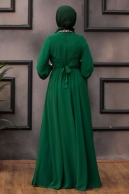 Tesettürlü Abiye Elbise - Balon Kol Yeşil Tesettür Abiye Elbise 5339Y - Thumbnail