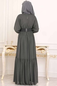 Tesettürlü Abiye Elbise - Belden Kemer Detaylı Haki Tesettür Abiye Elbise 3962HK - Thumbnail