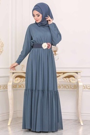 Tesettürlü Abiye Elbise - Belden Kemer Detaylı Mavi Tesettür Abiye Elbise 3962M - Thumbnail
