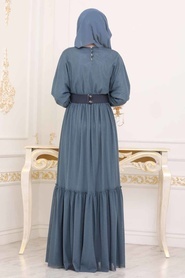 Tesettürlü Abiye Elbise - Belden Kemer Detaylı Mavi Tesettür Abiye Elbise 3962M - Thumbnail