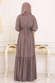 Tesettürlü Abiye Elbise - Belden Kemer Detaylı Vizon Tesettür Abiye Elbise 3962V - Thumbnail