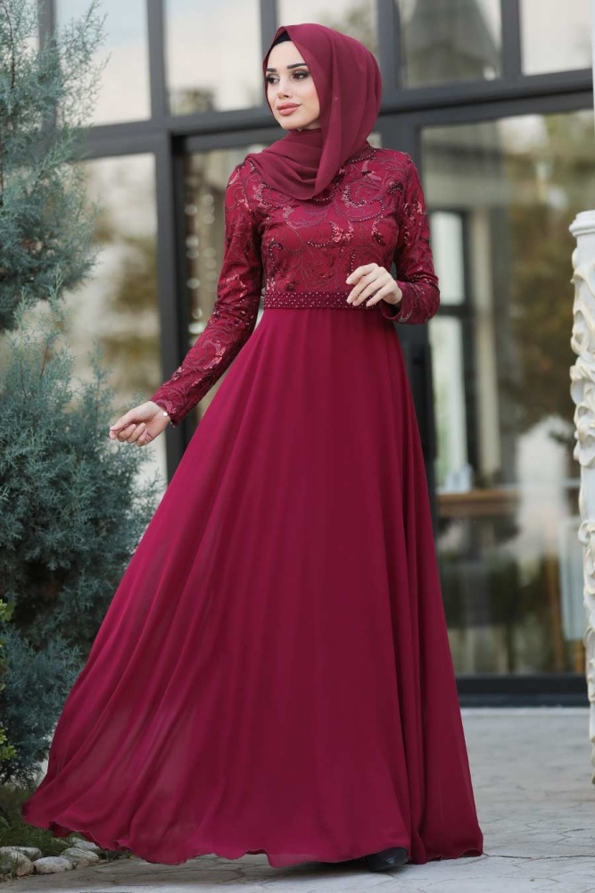 Tesettürlü Abiye Elbise - Beli Boncuk Detaylı Bordo Tesettür Abiye Elbise 8462BR - 1