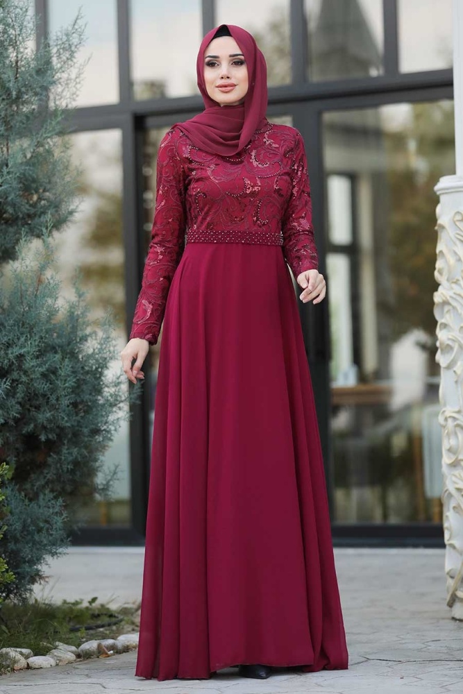 Tesettürlü Abiye Elbise - Beli Boncuk Detaylı Bordo Tesettür Abiye Elbise 8462BR - 2
