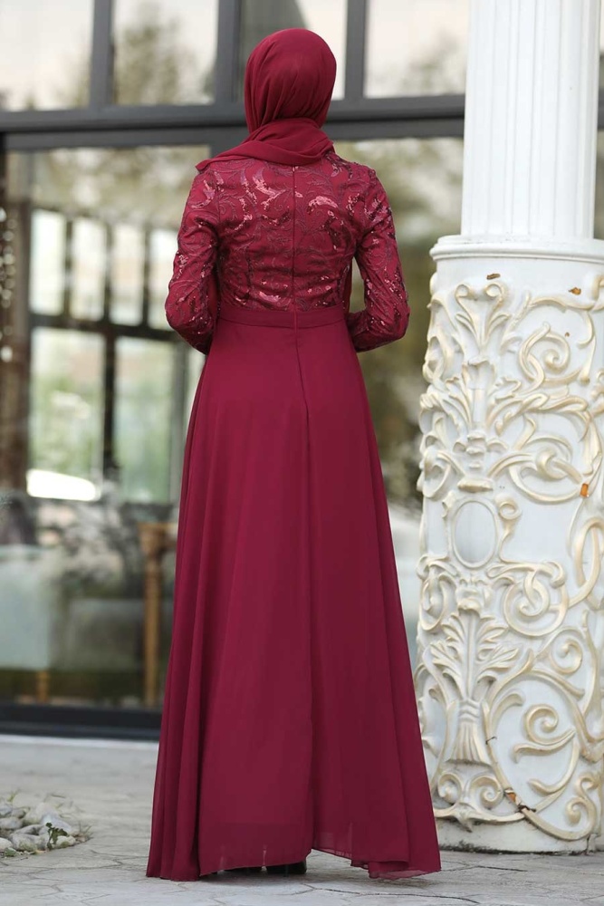 Tesettürlü Abiye Elbise - Beli Boncuk Detaylı Bordo Tesettür Abiye Elbise 8462BR - 3