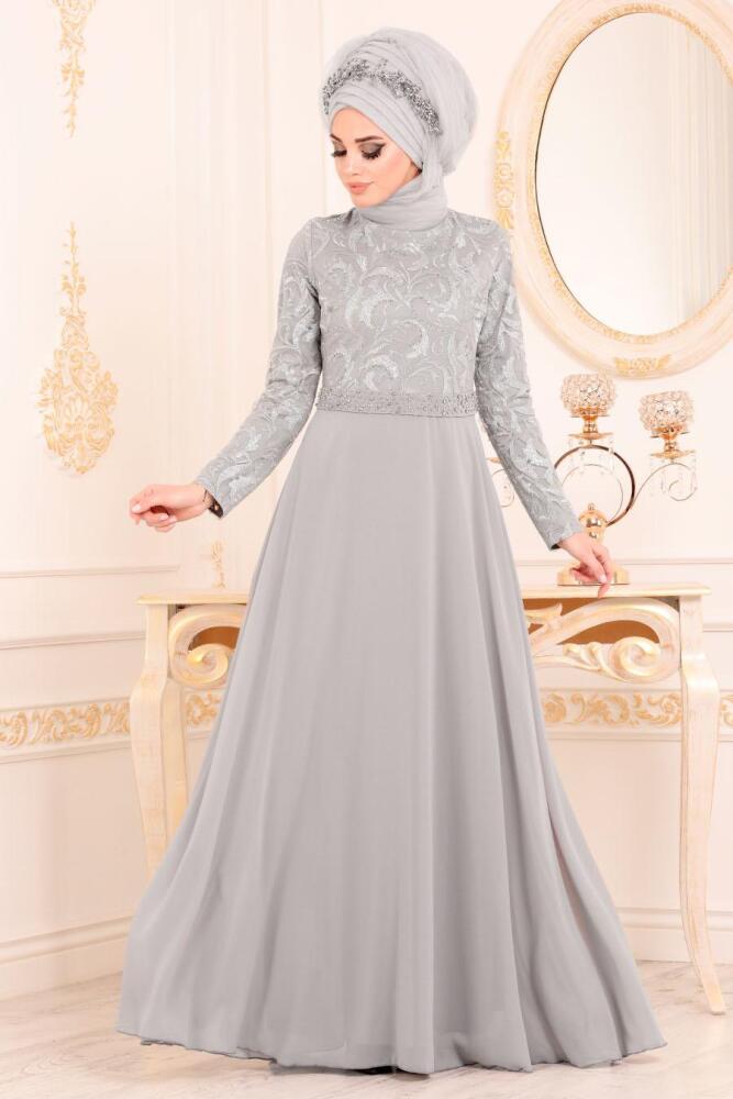 Tesettürlü Abiye Elbise - Beli Boncuk Detaylı Gri Tesettür Abiye Elbise 8462GR - 1